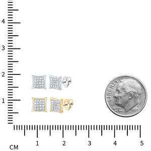 Size chart showing both pairs of kite square studs beside a dime and a centimeter ruler