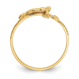 Side profile of the solid gold crucifix ring showing the raised cross against the band