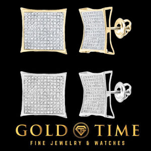 10K gold diamond kite square stud earrings with micro pave faces, shown in yellow and white gold