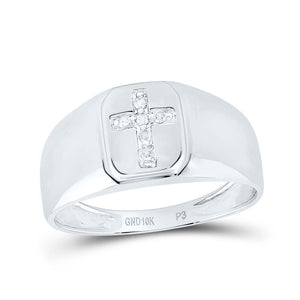 Men's 10K white gold ring with a bead set natural diamond cross on a polished top