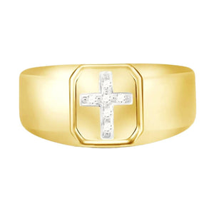Angled view of the yellow gold diamond cross ring showing the 8mm top width