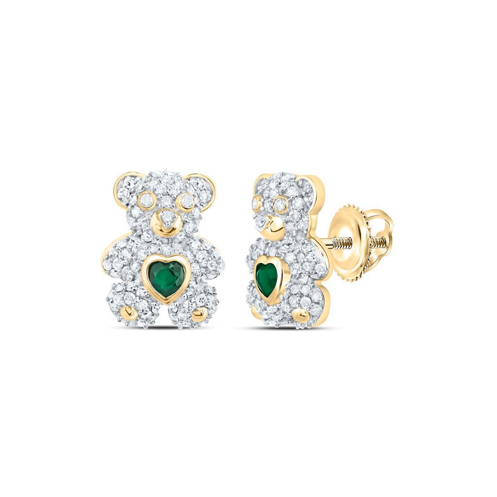 10k Gold Diamond and Emerald Bear Jewelry Set  Pendant, Earrings & Ring with Heart-Shaped Emerald Accents, Available Separately or Set