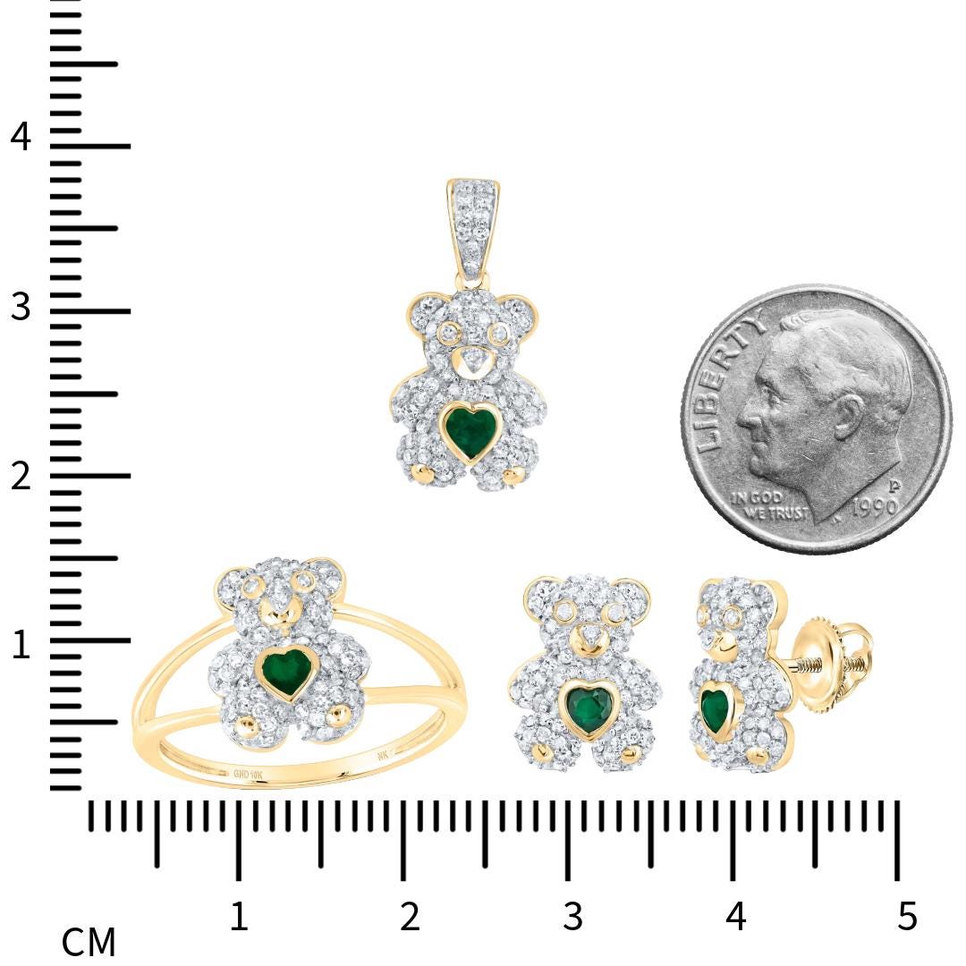 10k Gold Diamond and Emerald Bear Jewelry Set  Pendant, Earrings & Ring with Heart-Shaped Emerald Accents, Available Separately or Set