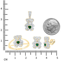 10k Gold Diamond and Emerald Bear Jewelry Set  Pendant, Earrings & Ring with Heart-Shaped Emerald Accents, Available Separately or Set