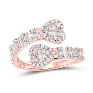 10K rose gold bypass ring with two diamond pave hearts and baguette set shanks