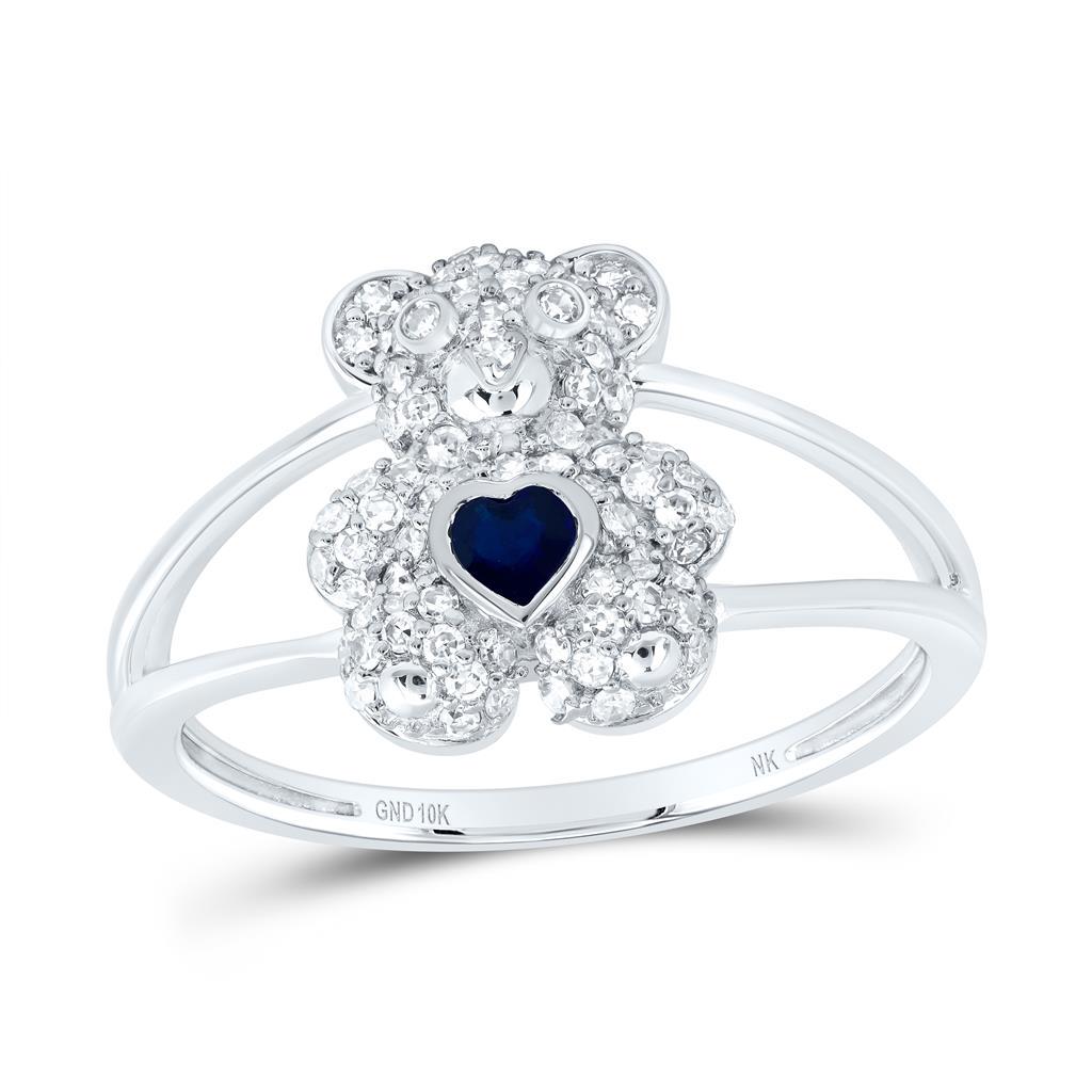 10k White Gold, Diamond, Sapphire Teddy Bear Jewelry Set  Pendant, Ring & Earrings  Natural Diamonds  Heart-Shaped Sapphire  Gift Ready