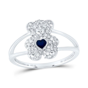 10K white gold diamond teddy bear ring with a heart-shaped sapphire