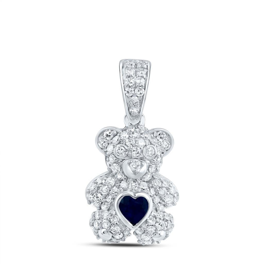 10k White Gold, Diamond, Sapphire Teddy Bear Jewelry Set  Pendant, Ring & Earrings  Natural Diamonds  Heart-Shaped Sapphire  Gift Ready