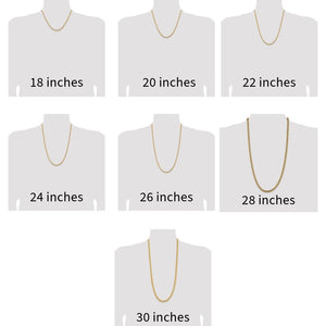 Necklace length guide showing an 18 to 30 inch chain on mannequin busts