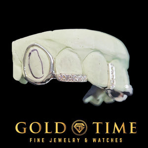 Silver open face grillz with iced tip and diamond gap bar with 'Gold Time' branding on a black background