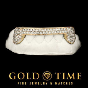 Custom 6 piece gold grill with fully iced honeycomb moissanite canines joined by a double row of moissanite across the front tips, Gold Time