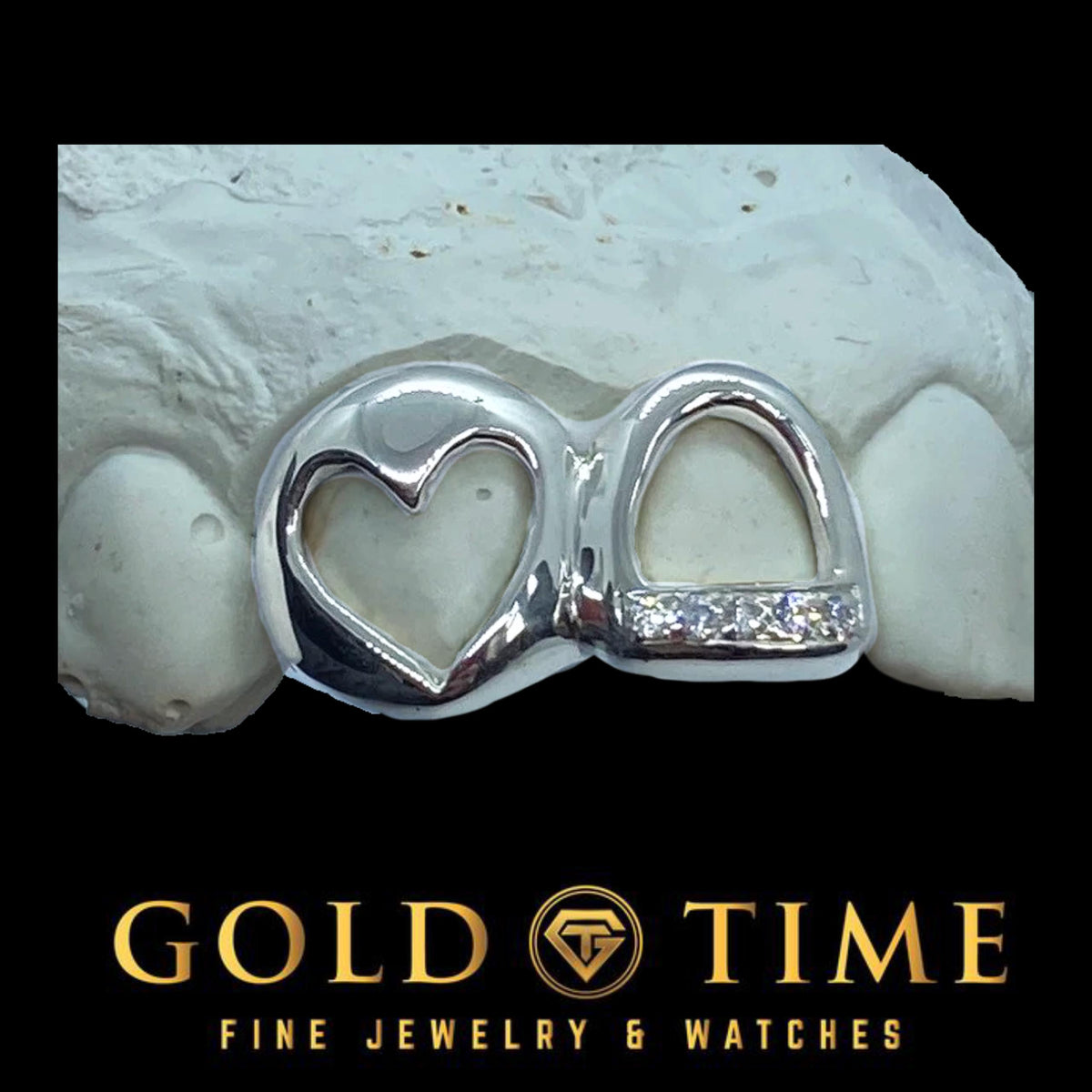 Custom Handmade Grillz - Double Cap Heart Cut Out Canine with Open Face CZ Tip Incisor - Silver, 10k Gold, 14k Gold, - Yellow, White, Rose