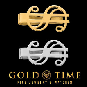 Yellow and white gold dollar sign money clips on a black background