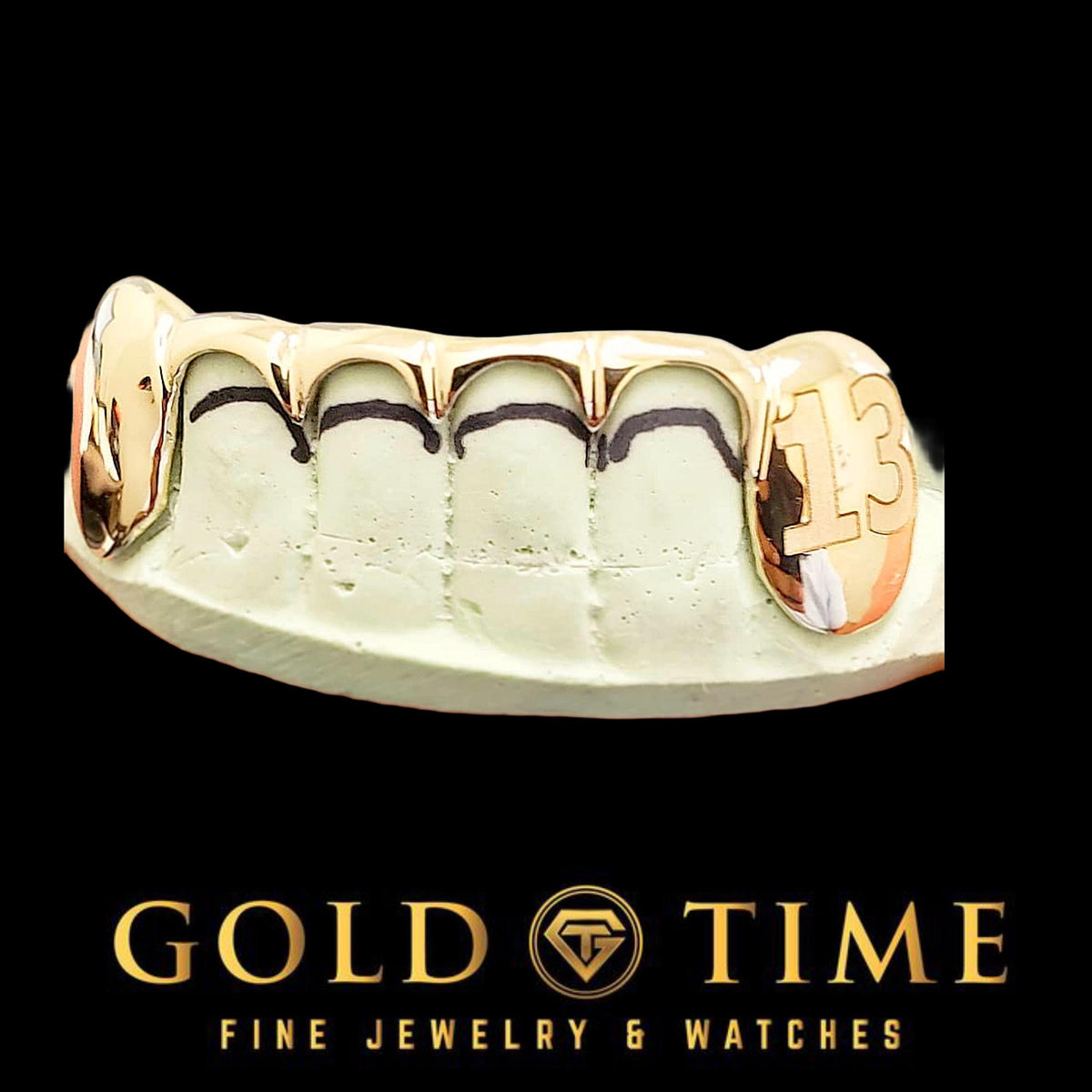 Custom 6-Piece Grillz with Engraved Canines and Spike Tips - Handmade Gold or Silver Grill - Includes Mold Kit - Custom Fit Design