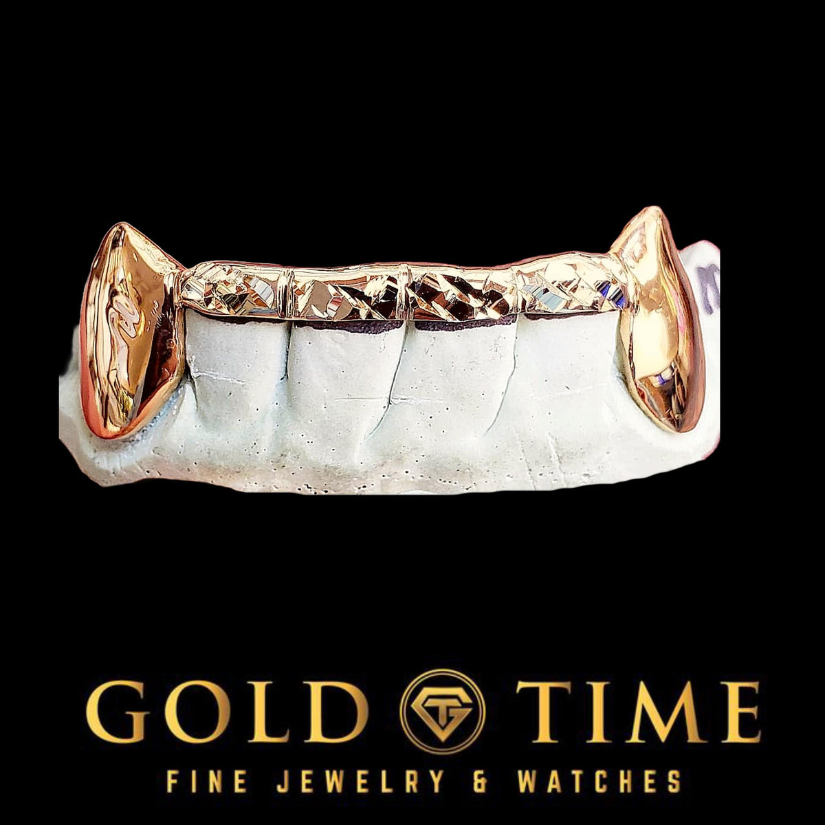 Custom Handmade Grillz - 6 Piece Canine Fangs with Trillion Cut Center Tips - Silver, 10k, 14k - Yellow, White, Rose