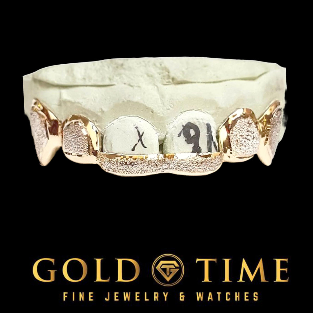Custom Handmade Grillz - 6 Piece Dust Window with Front Tips and Canine Fangs - 10k, 14k Gold or Silver - Yellow, White, Rose