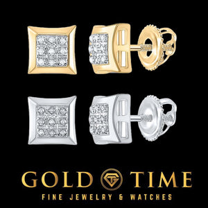 Square diamond stud earrings in 10K yellow and white gold, front and side views