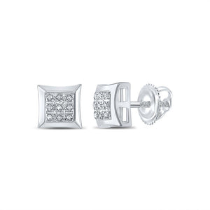 10K white gold square stud earrings with a nine-diamond pave center and screw back