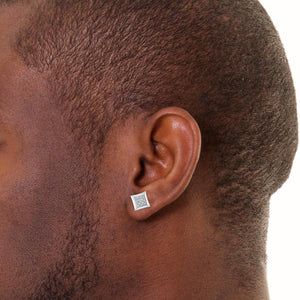 White gold square diamond stud worn on a man's ear