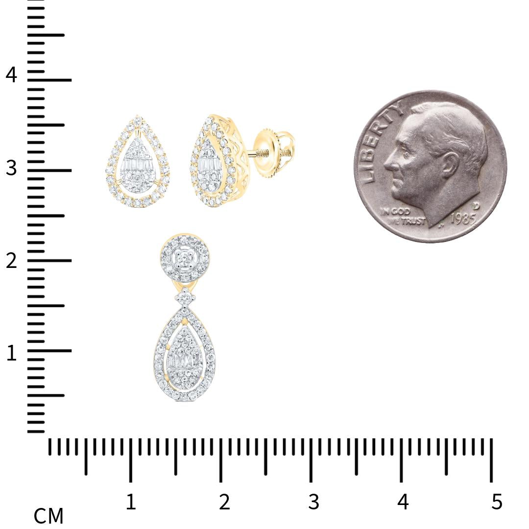 10K Gold and Diamond Teardrop Pendant & Earrings Set - 3/8 CTTW Round and Baguette Diamonds - Elegant Fine Jewelry - Yellow or White Gold