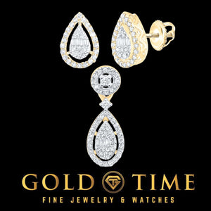 10K gold diamond teardrop pendant and pear stud earrings with round and baguette diamonds