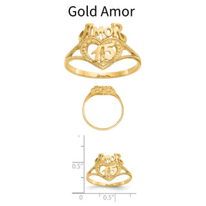 Gold Amor quinceanera ring: 14k yellow gold heart with Amor lettering over a large 15, shown front, profile and against a half inch scale