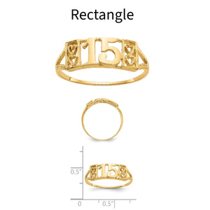 Rectangle quinceanera ring: 14k yellow gold band with a bold 15 in an openwork rectangle, with profile and scale views