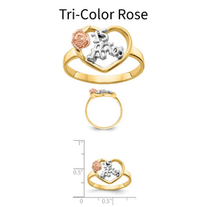 Tri-Color Rose quinceanera ring: 14k yellow gold open heart with white gold 15 Anos script and a rose gold rose