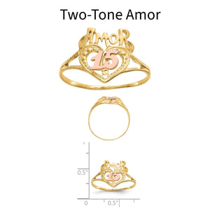 Two-Tone Amor quinceanera ring in 14k yellow gold with a rose gold 15 under Amor lettering