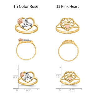 Comparison chart of the Tri-Color Rose and 15 Pink Heart quinceanera ring designs with measurements