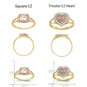 Comparison chart of the Square CZ and Tricolor CZ Heart quinceanera ring designs with measurements