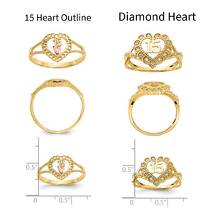 Comparison chart of the 15 Heart Outline and Diamond Heart quinceanera ring designs with measurements