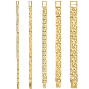Five 14K gold nugget bracelets side by side from narrowest to widest