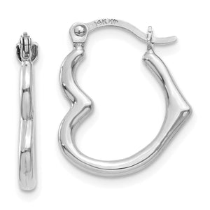 14K white gold small heart hoop earrings, side and front