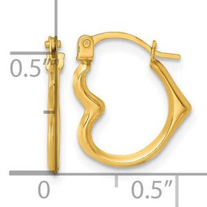 Yellow gold heart hoop earring on a size chart, about 0.5 inch