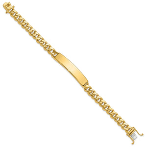 Full length of the 14K yellow gold curb link ID bracelet with box catch clasp