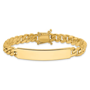 14K gold curb link ID bracelet closed, showing the box catch and safety latches