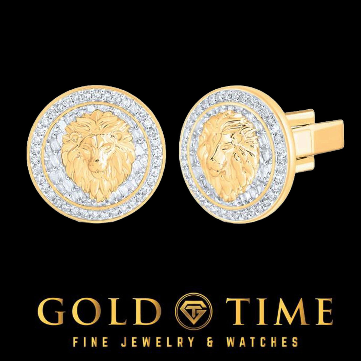 10K Yellow Gold Lion Face Cuff Links with Diamond Border - 1.33 CTW Men's Cuff Links
