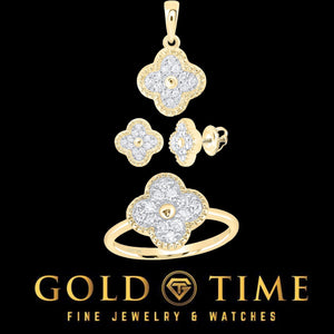 Three piece 10K gold diamond clover set, pendant, stud earrings and ring, on a black Gold Time card