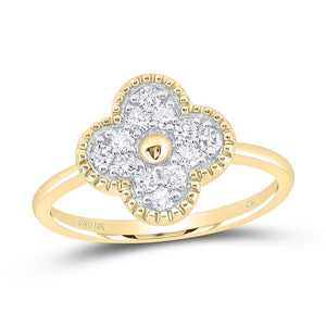10K gold diamond four leaf clover ring with a milgrain border