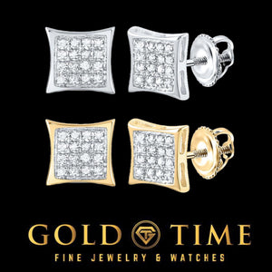 Two pairs of 10K gold kite square diamond stud earrings, white gold and yellow gold, on a black Gold Time card
