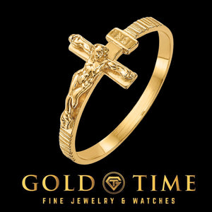 Gold ring with crucifix design on a black background with 'Gold Time' branding.