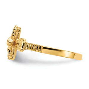 Side view of a gold crucifix ring on a white background