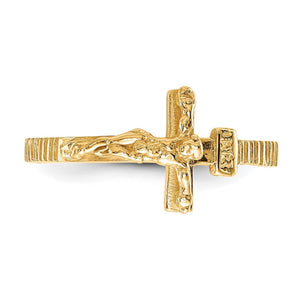 Gold crucifix ring on a white background