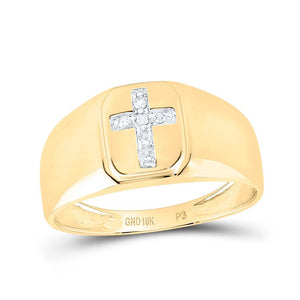 Men's 10K yellow gold ring with a bead set natural diamond cross on a polished top