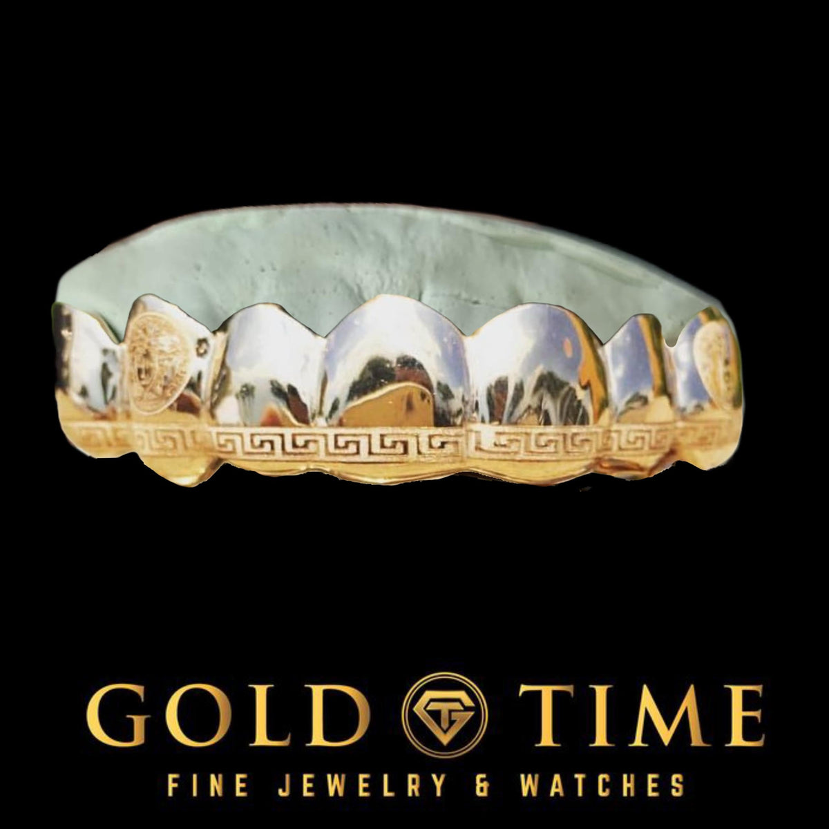 Custom Gold Grillz - Greek Key and Medusa Engraved Solid Grillz - Silver, 10k Gold, 14k Gold - Yellow, White, Rose
