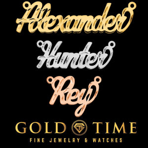 Cursive nameplates reading Alexander in yellow gold, Hunter in white, and Rey in rose, on a black Gold Time background