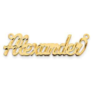 Yellow gold Alexander cursive nameplate with diamond-cut texture, close-up on white
