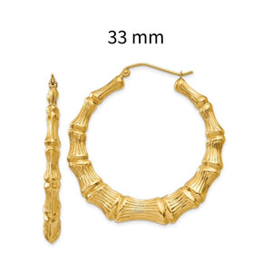 33mm 14K gold bamboo hoop earring, front and side