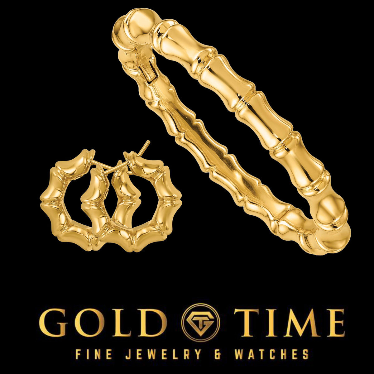 14K Yellow Gold Bamboo Earrings and Bangle Set: Polished Gold Jewelry